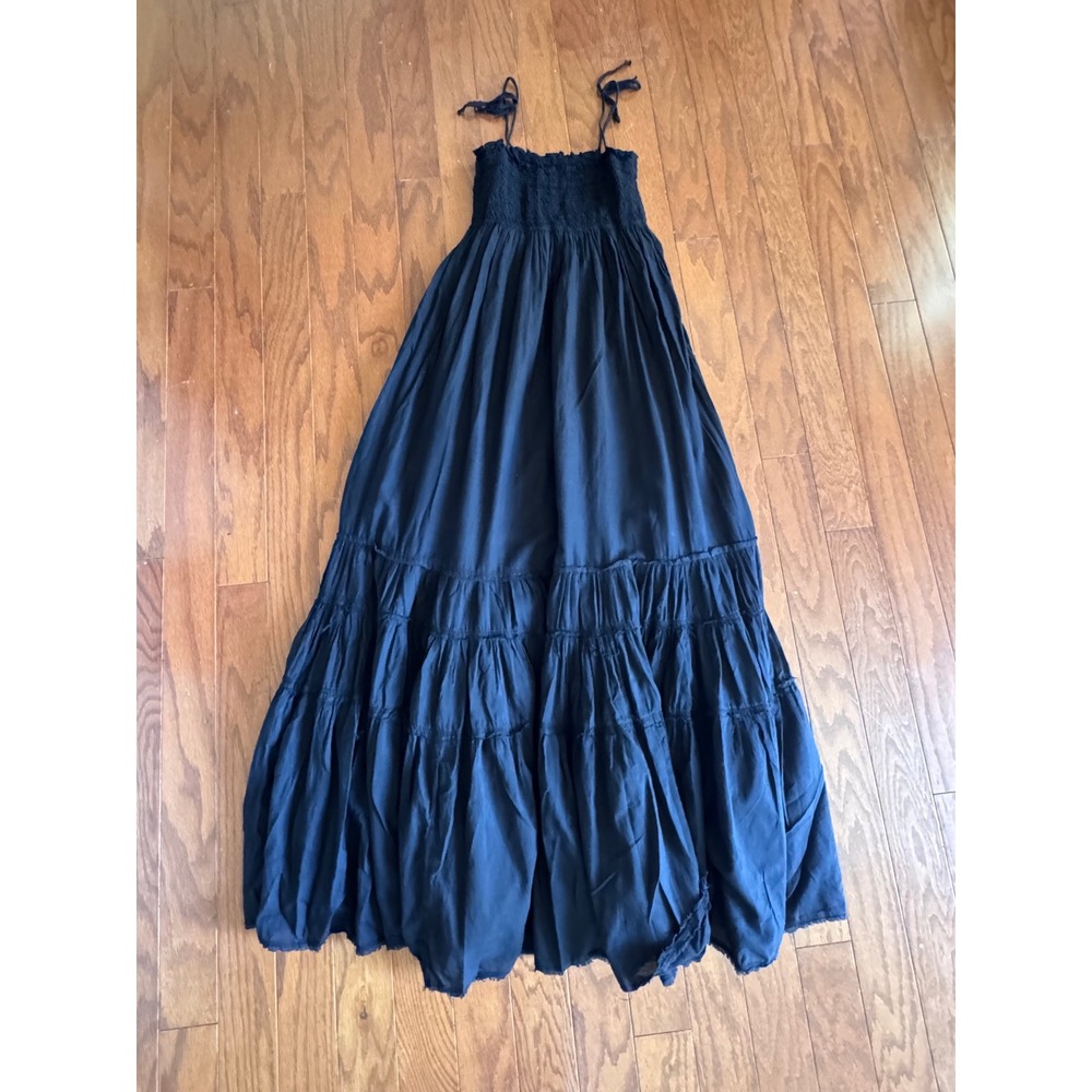 Hard Tail Forever Black Smocked Tiered Maxi Dress Tie Strap Raw Hem Medium